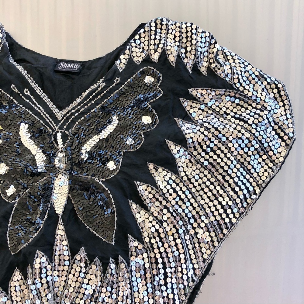70s Vintage Shakti Butterfly Sequin 100% Silk Party Top Blouse Black And Silver